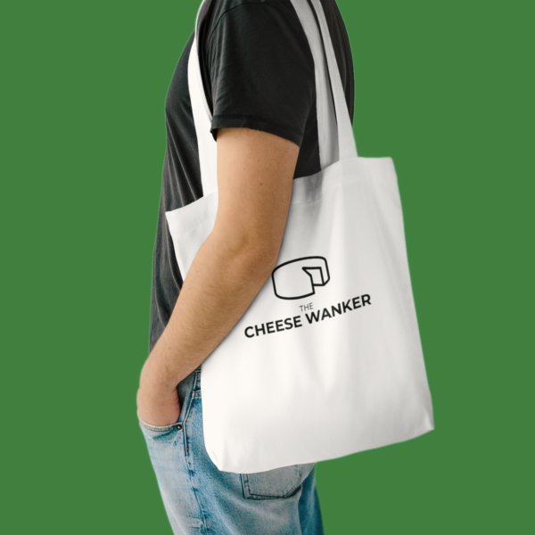 Cheese lover carrying our The Cheese Wanker Logo Market Bag