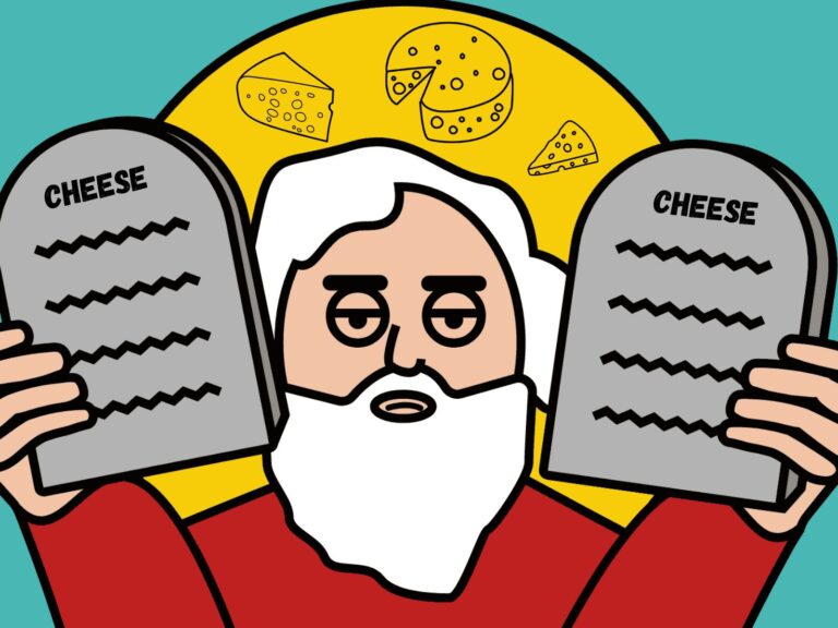 cheesus holding the 10 commandments of cheese