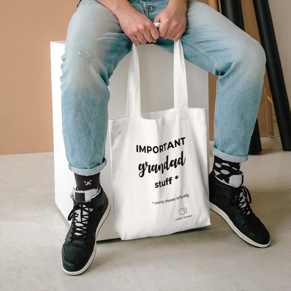Important Grandad Stuff Market Bag Lifestyle Male Model Sitting - White