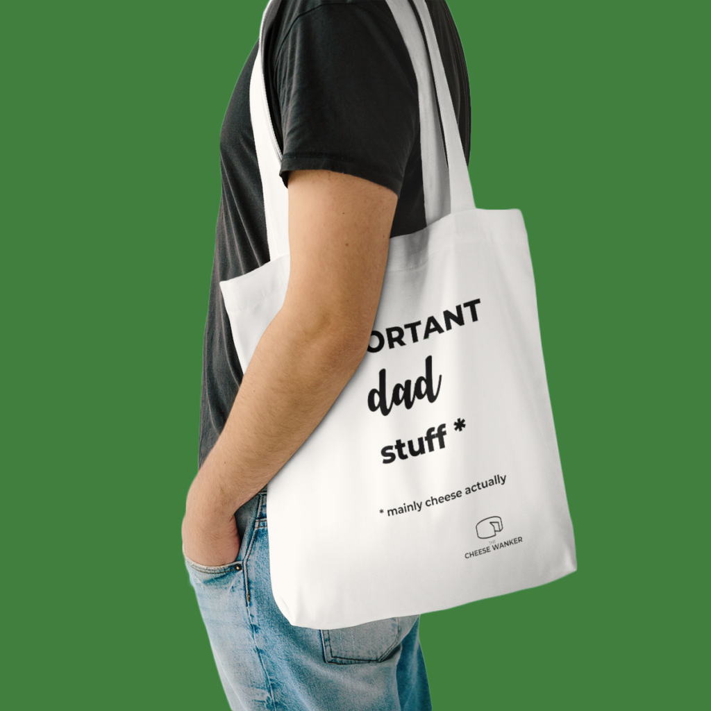 Important Dad Stuff Market Bag Lifestyle Male Model Shoulder - White