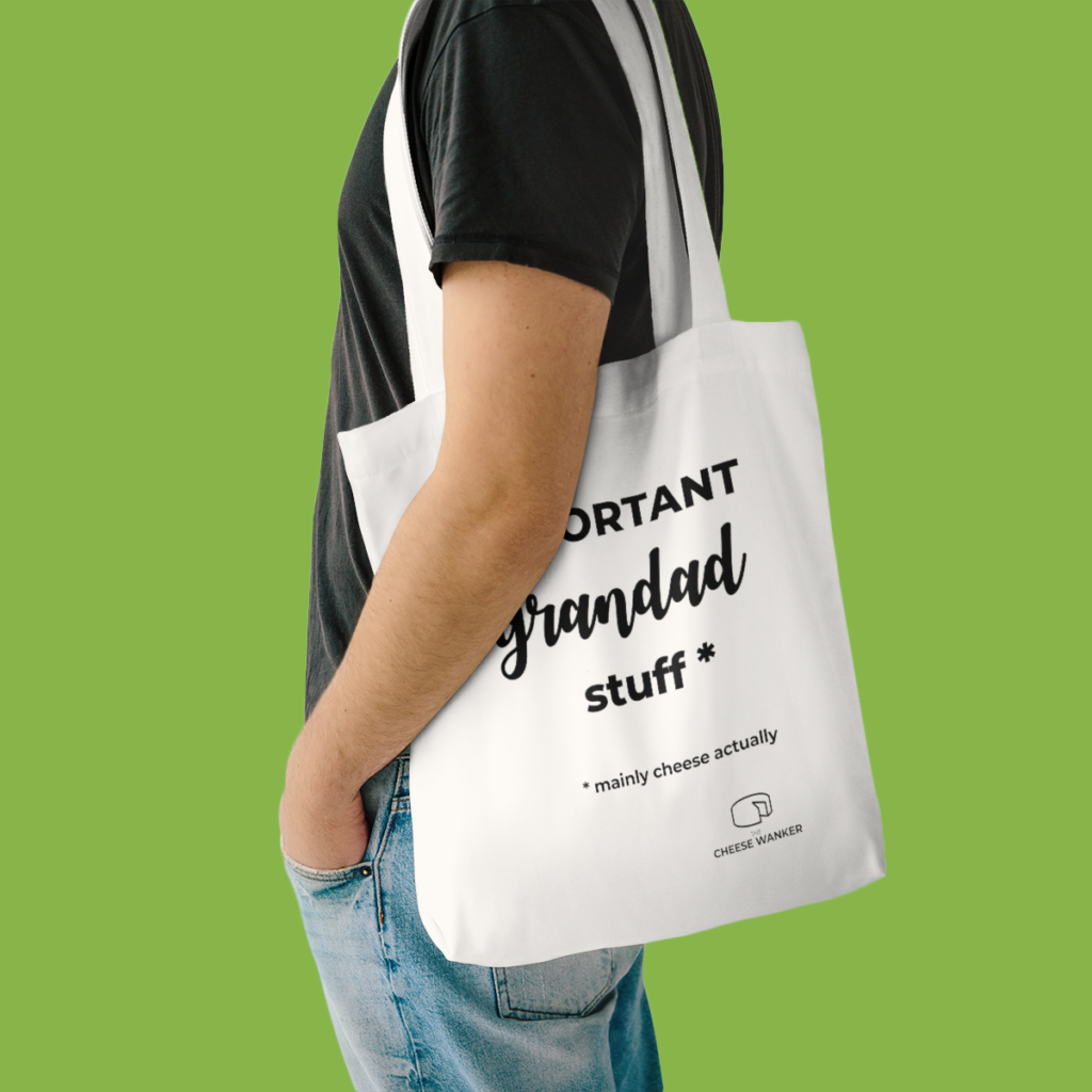 Important Grandad Stuff Market Bag Lifestyle Male Model Shoulder - White