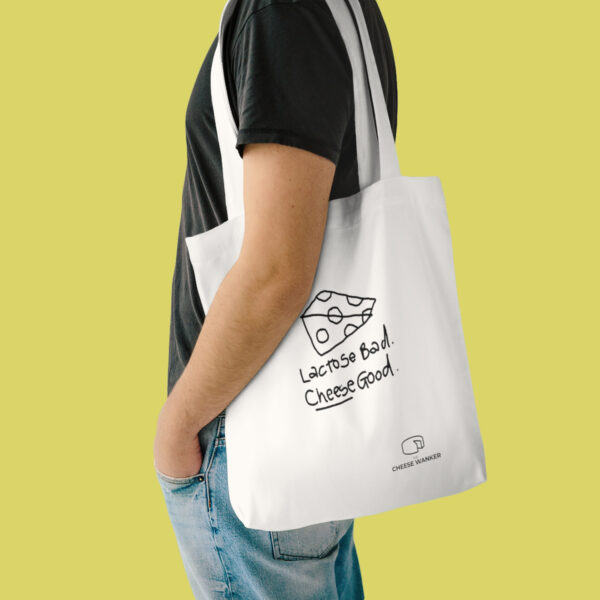 lactose intolerant man carrying a The Cheese Wanker sustainable market bag