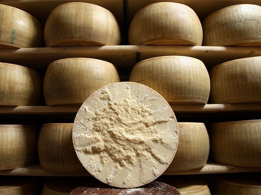 Wheels of Parmigiano Reggiano on maturing shelves