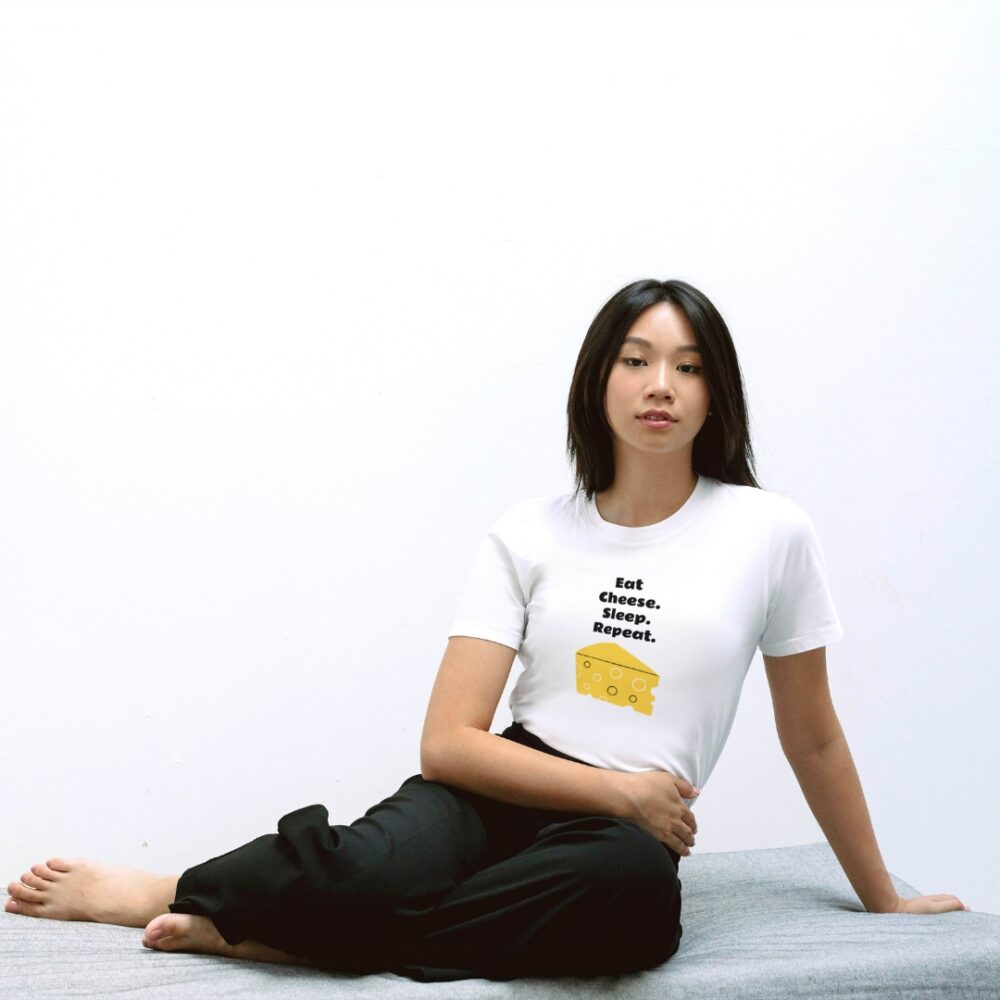Eat Cheese Sleep Repeat Fatboy Slim Unisex Top Lifestyle Female Asian Model Bed - White Top