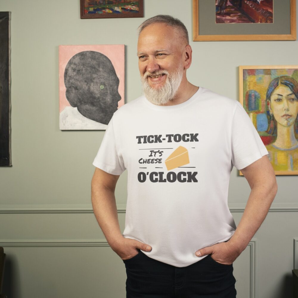 Tick Tock It's Cheese O'Clock Unisex Top Lifestyle Male Model Bearded Silver Fox - White Top