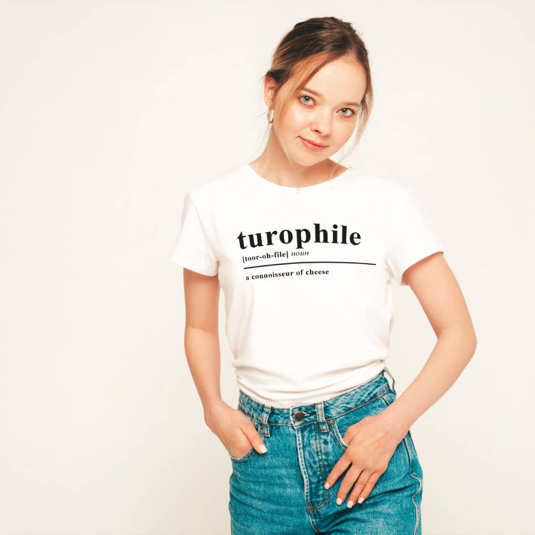 Turophile Cheese Lover Unisex Top Female Caucasian Model Pockets - White Top