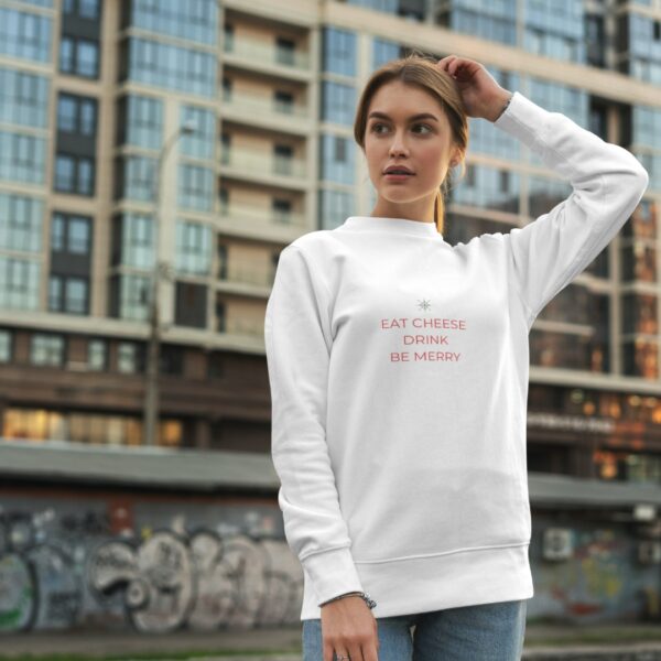 Eat Cheese Drink Be Merry Christmas Sweater Lifestyle Female Caucasian Model City - White Sweater