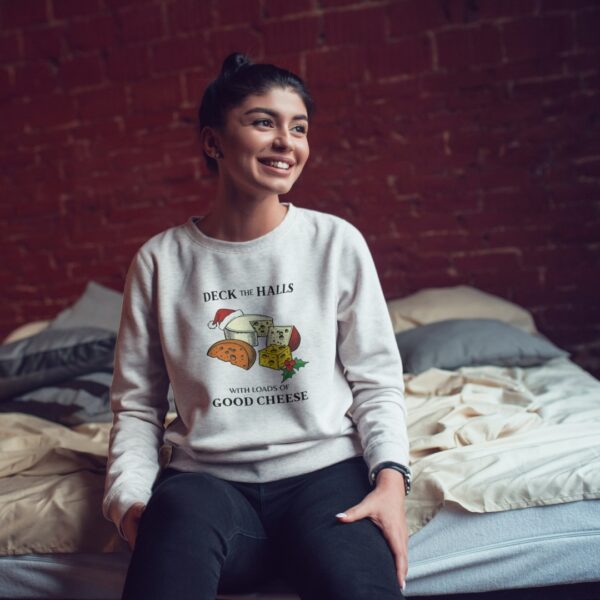 Deck The Halls With Loads Of Good Cheese Christmas Sweater Lifestyle Female Indian Model Bed - Heather Grey