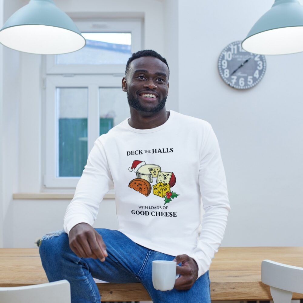 Deck The Halls With Loads Of Good Cheese Christmas Sweater Lifestyle Male African Model - White Sweater