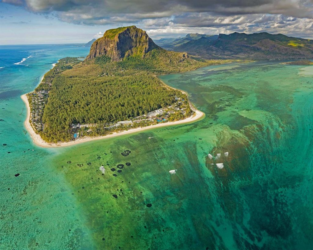 Aerial shot of Le Morne Brabant in Mauritius