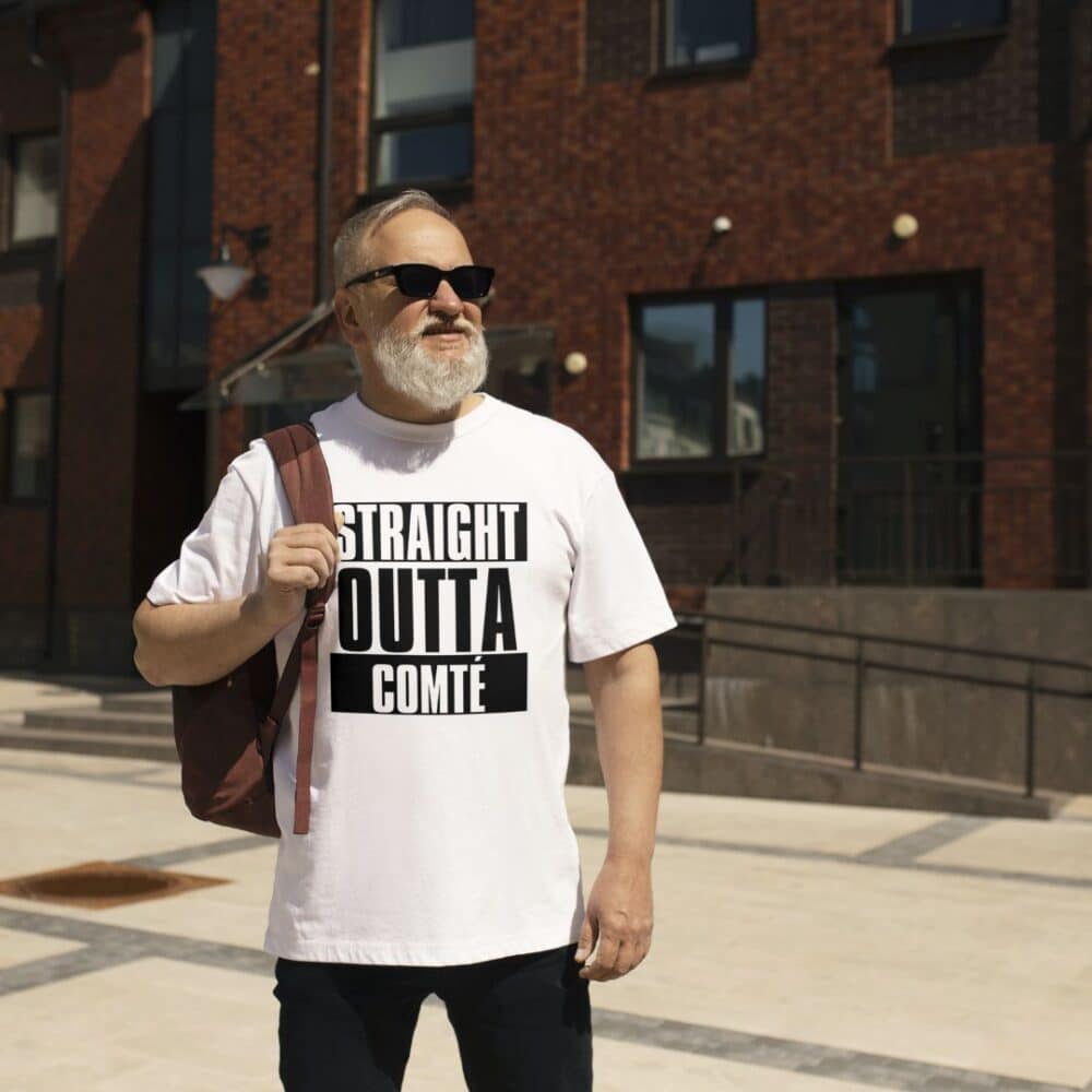 Straight Outta Comté Unisex Top Lifestyle Male Caucasian Model Bearded Hipster - White Top