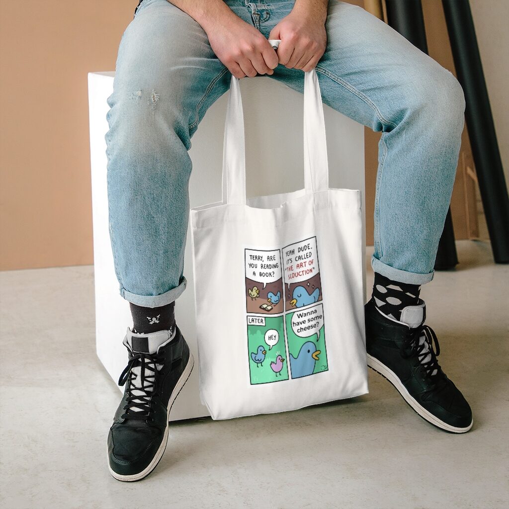 Wanna Have Some Cheese Market Bag Lifestyle Male Model Sitting - White