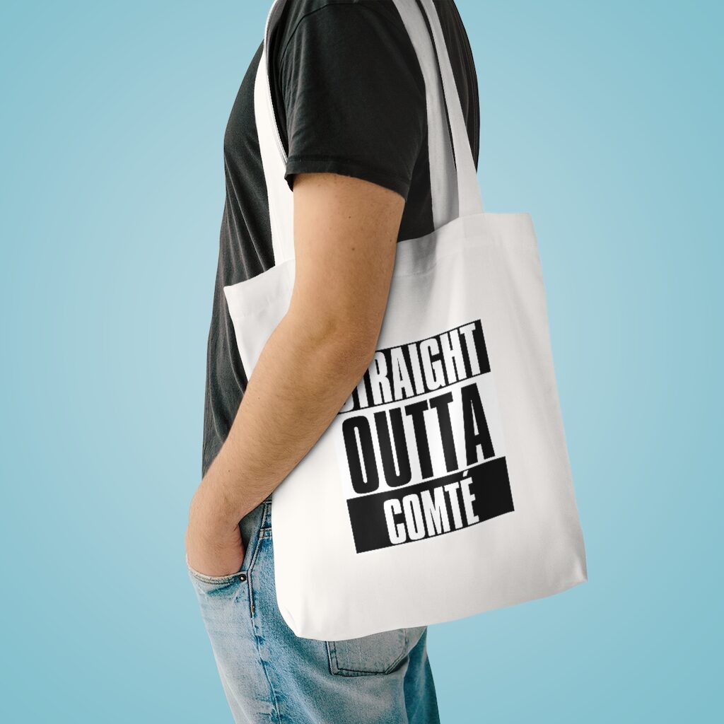 Straight Outta Comté Market Bag Lifestyle Male Model Shoulder - White