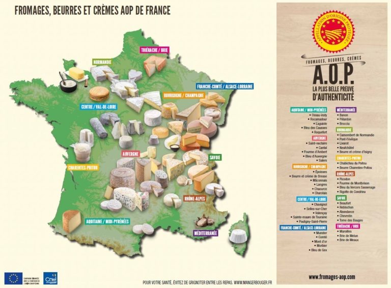 Map showing the 46 AOP cheeses from France