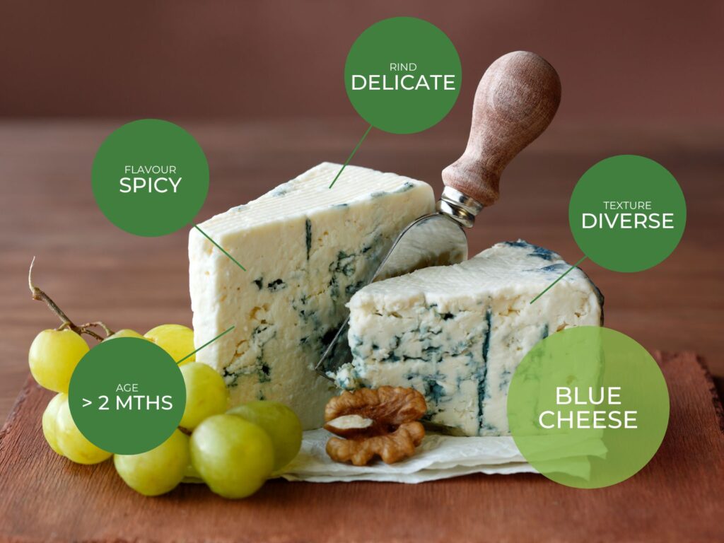 2 wedges of blue cheese on a wooden board with green grapes and walnut