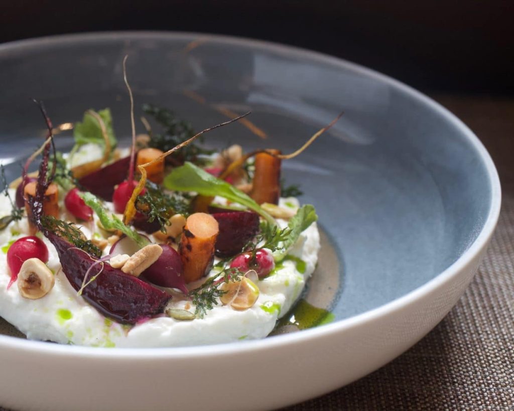Fresh spring salad with cheese Stracciatella Beetroots & Nuts Salad