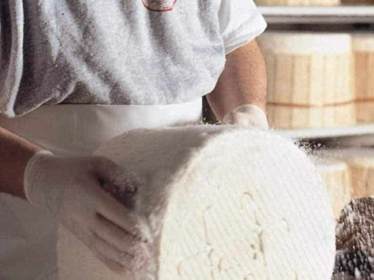 Cheesemaker salting a wheel of Gorgonzola