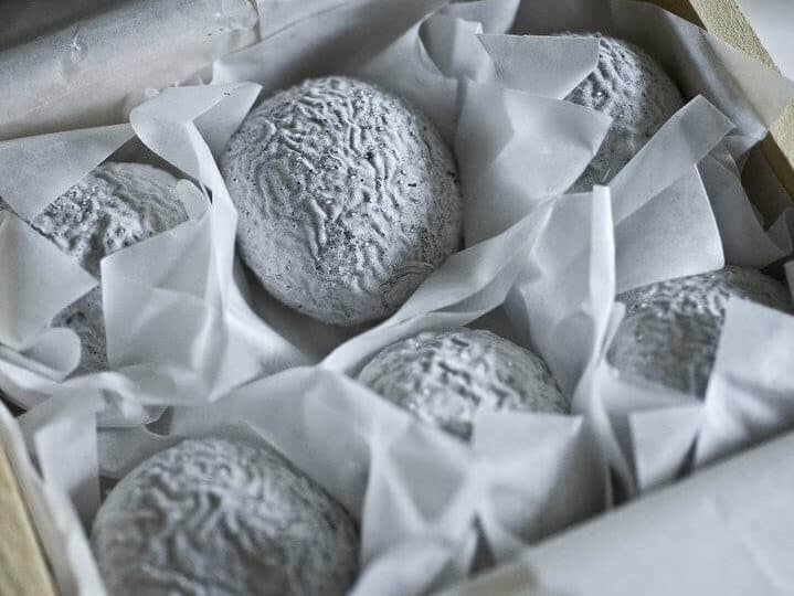 Wrinkly balls of white Wabash Cannonball cheese