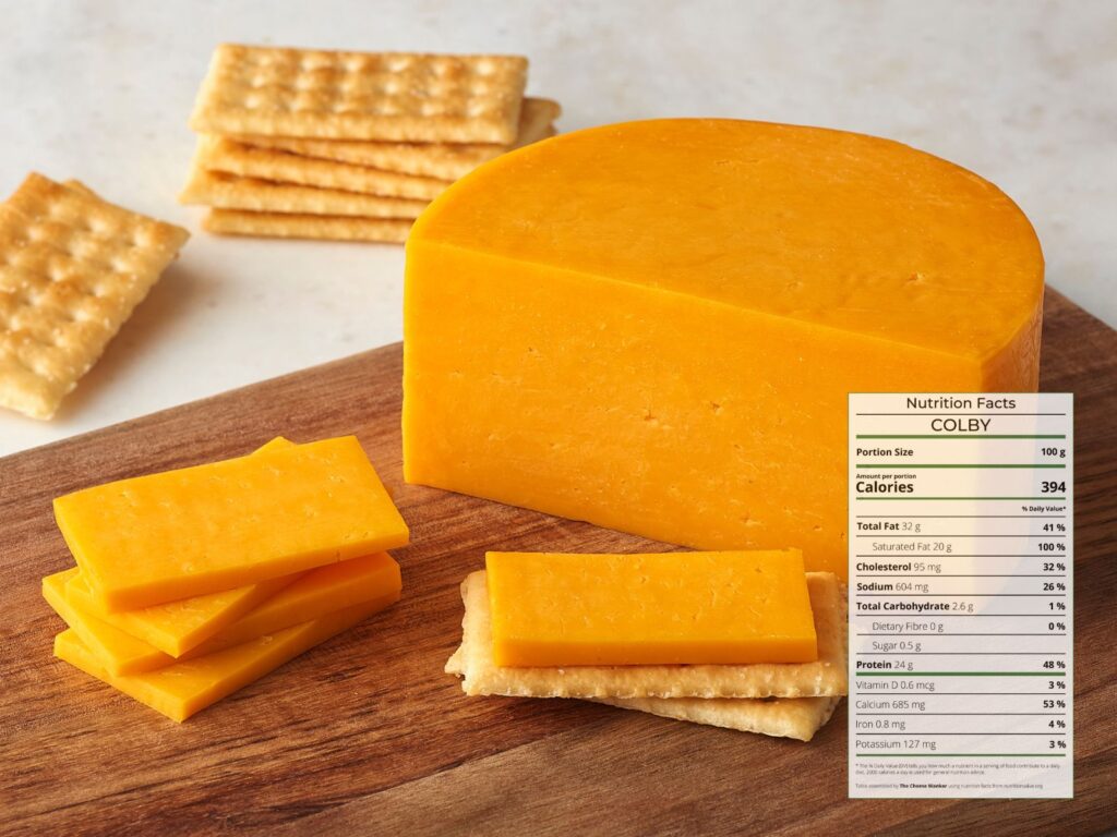 Colby Cheese sliced on crackers with nutrition facts overlaid
