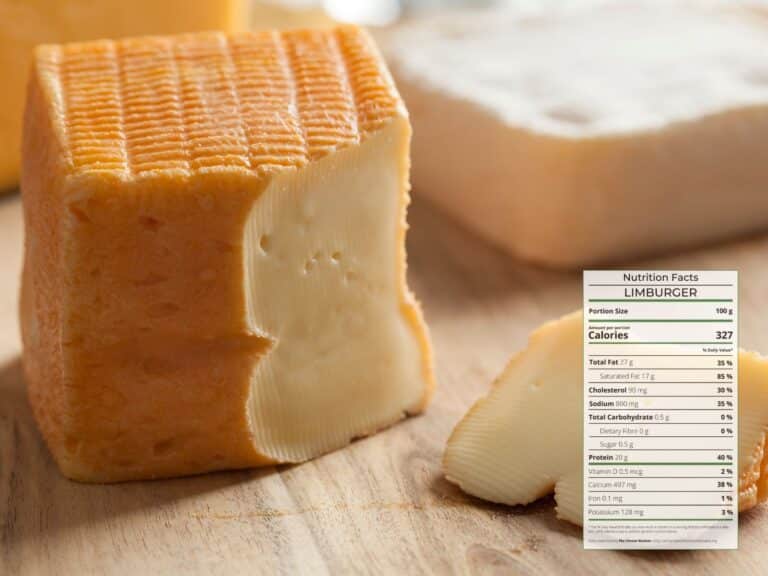 Cubic Limburger soft cheese with orange rind and nutrition facts overlaid