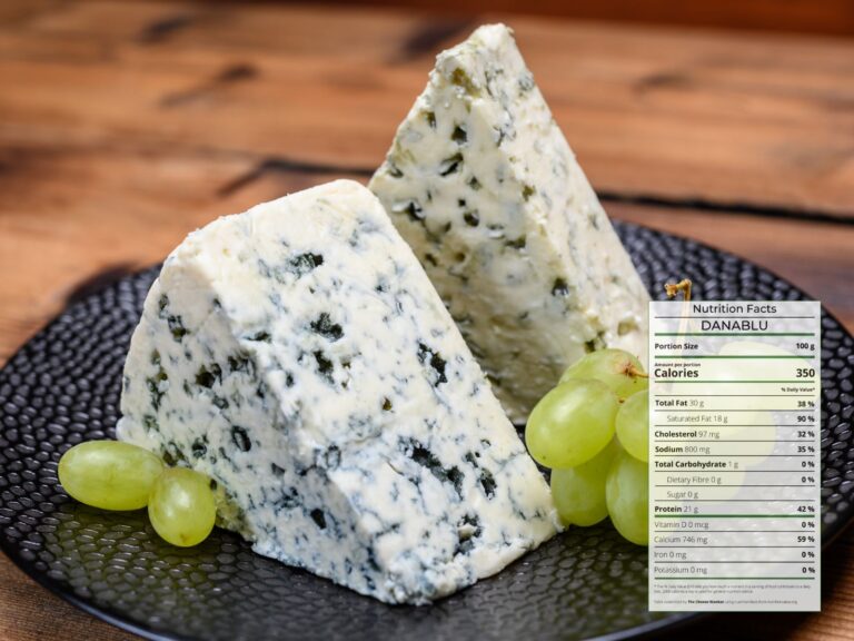 Danablu Cheese wedge on a slate board with green grapes and nutrition facts overlaid