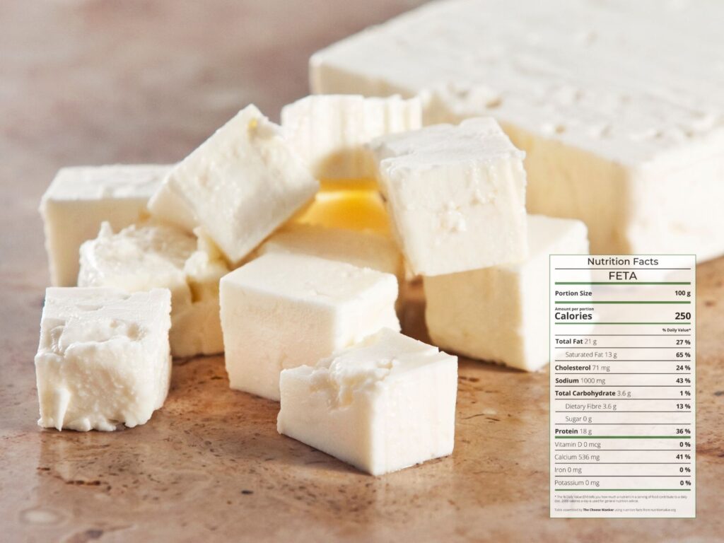 Block of Feta cheese cut into cubes on board with nutrition facts overlaid