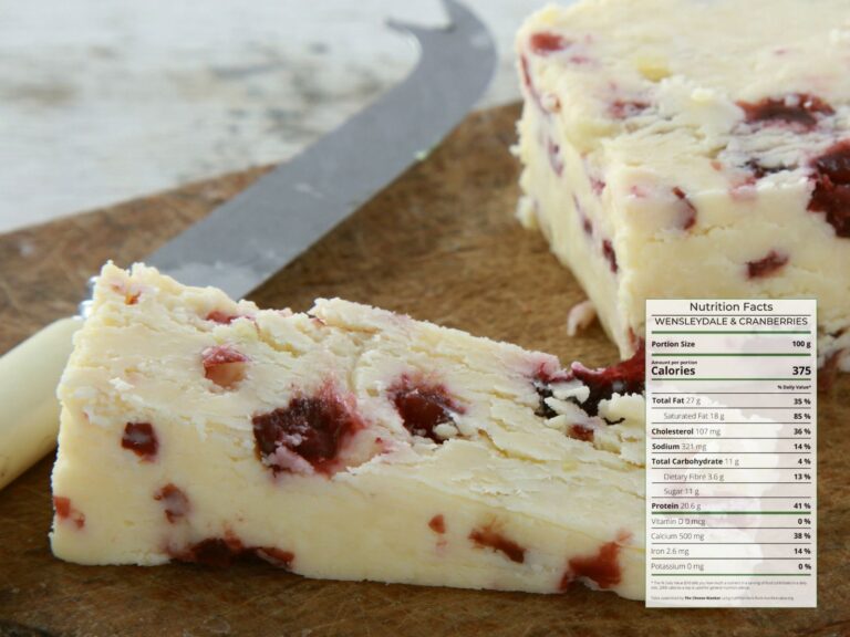 Wensleydale & Cranberries cheese wedge on wooden board with nutrition facts overlaid