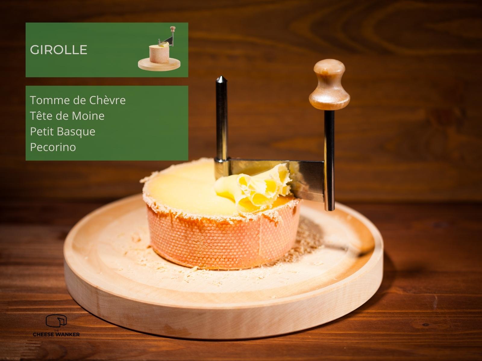 Tete de Moine cheese flowers on top of a Girolle