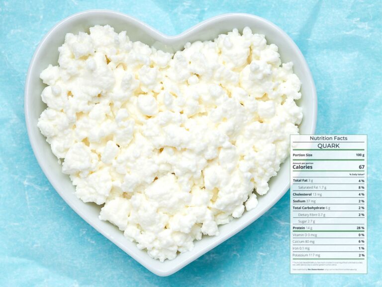 Heart-shaped bowl of fresh white Quark cheese against a light blue background with nutrition facts overlaid