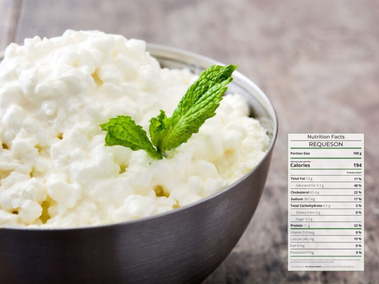 Bowl of fluffy creamy white fresh cheese Requesón with nutrition facts overlaid