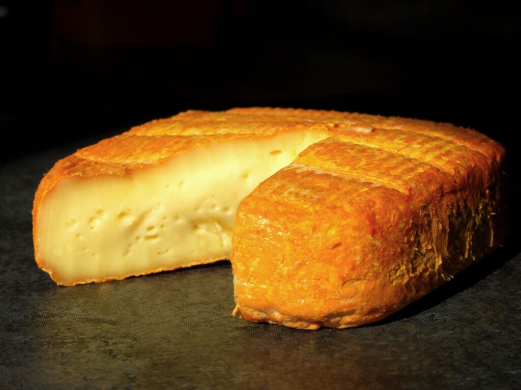 Square shaped washed rind cheese Maroilles with bright orange rind