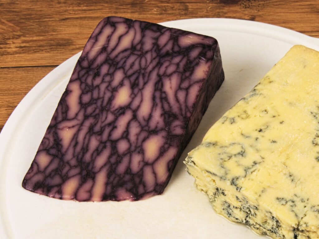 Purple Port Wine Derby on cheese plate with Stilton blue cheese