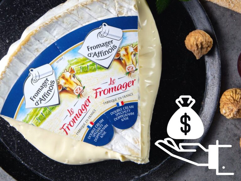 D'Affinois Cheese on a plate with bag of money