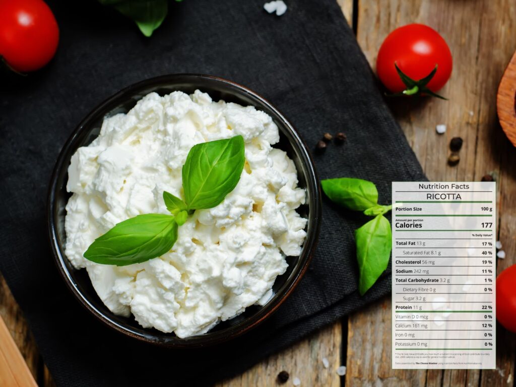 Bowl of white fluffy Ricotta cheese topped with green basil leaf with nutrition facts overlaid