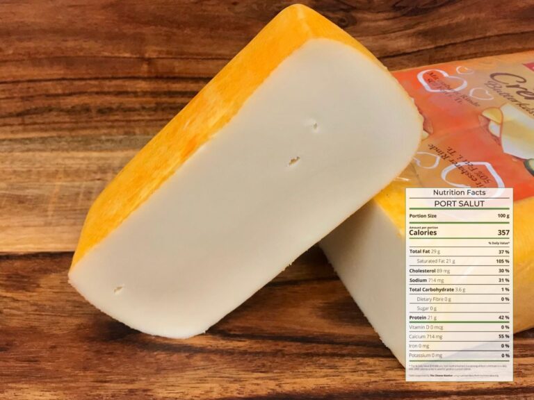 Brick of Port Salut cheese with orange rind and nutrition facts overlaid