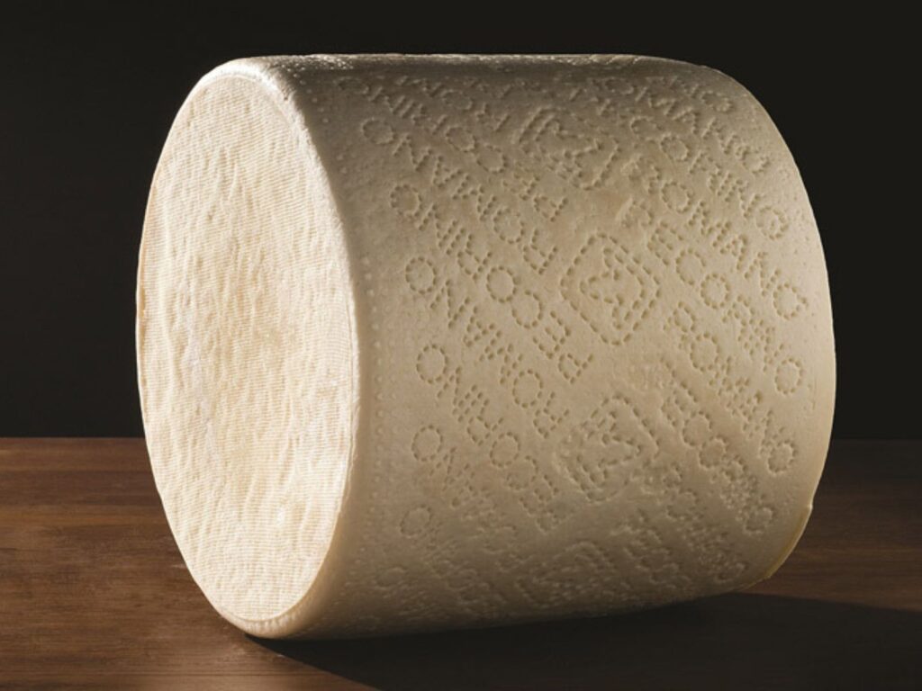 Wheel of Pecorino Romano cheese on wooden table