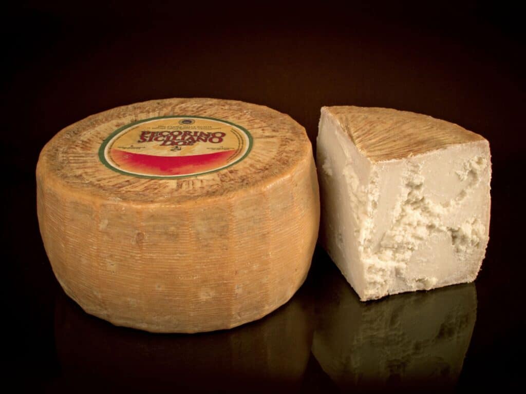Pecorino Siciliano cheese on a dark surface