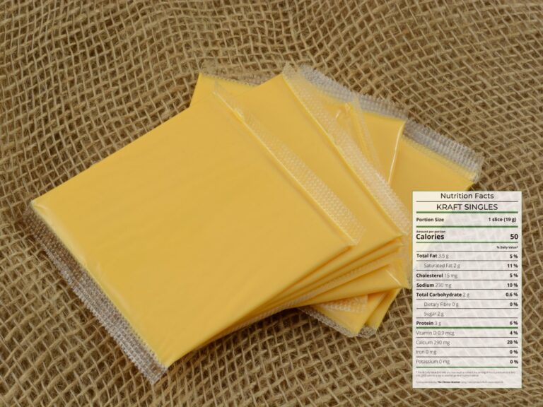 Slices of Kraft Singles wrapped in plastic with nutrition facts overlaid