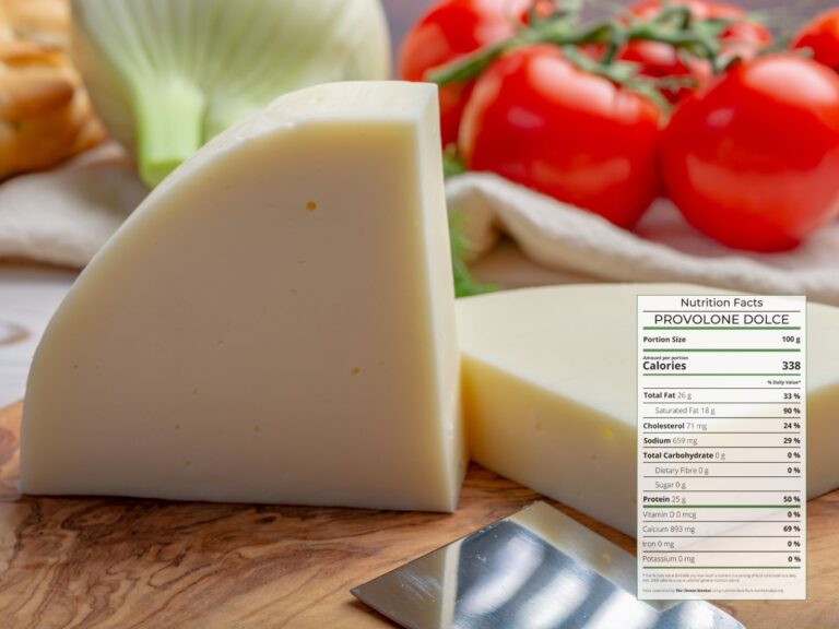 Wedge of Provolone Dolce on wooden board with nutrition facts overlaid