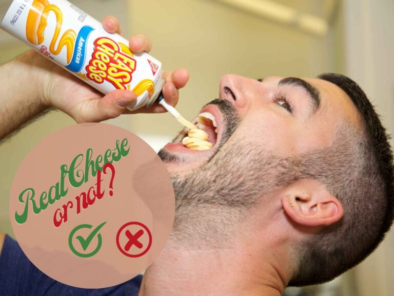 Young man with stubble eating Easy Cheese straight from the can with "real cheese or not" overlaid