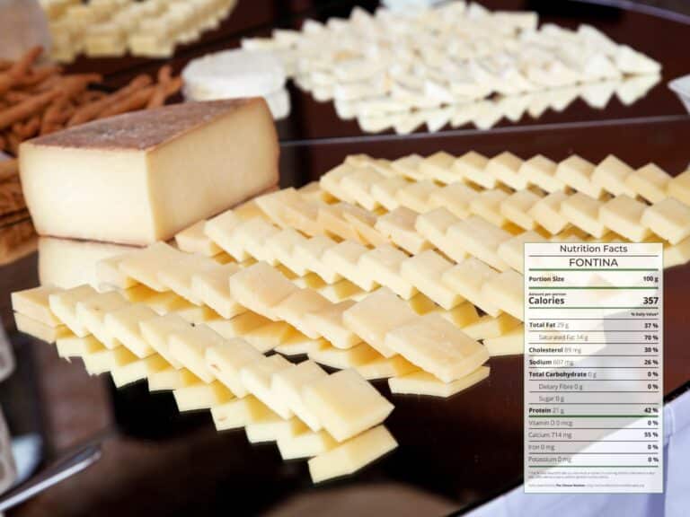 Slices of semi-soft light yellow Fontina cheese on a wooden table with nutrition facts overlaid