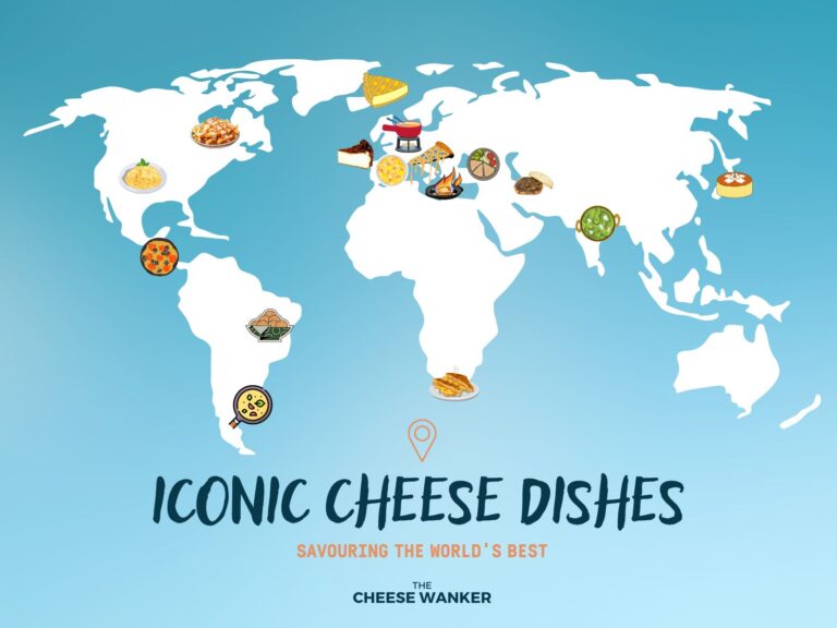 World map showing iconic cheese dishes