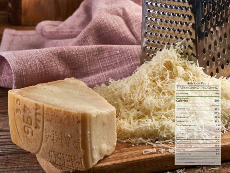 Grated chunk of hard Parmigiano Reggiano cheese on a board next to hand grater with nutrition facts overlaid