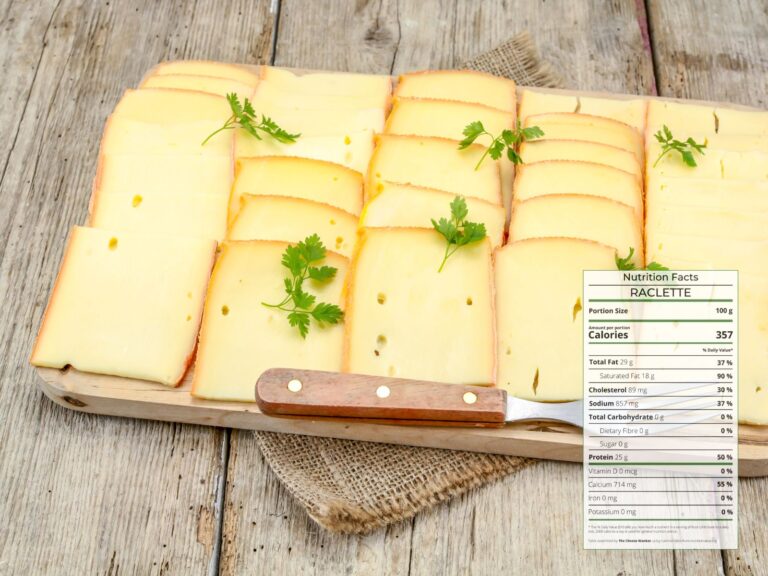 Raclette Feature Sliced cheese on a wooden board with nutrition facts overlaid