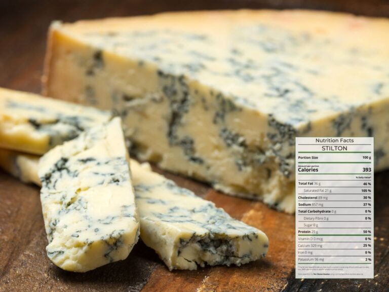 Slice of Blue Stilton cheese on wooden board with nutrition facts overlaid