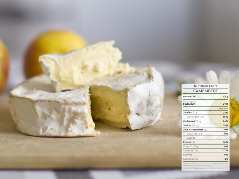 Wheel of Camembert soft cheese with one wedge cut out and nutrition facts overlaid