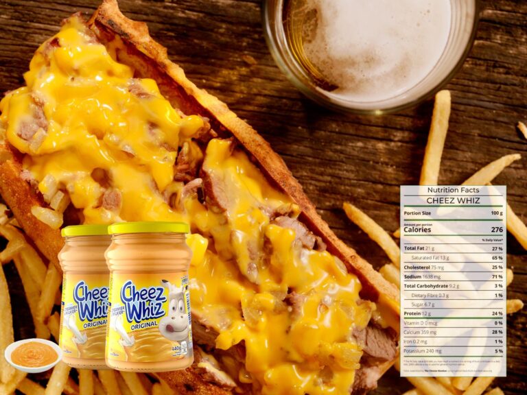Cheez Whiz in a Philly Cheesesteak with jars and nutrition facts overlaid
