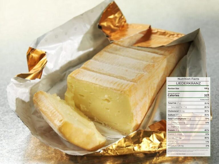 Liederkranz cheese block wrapped in gold foil with nutrition facts overlaid