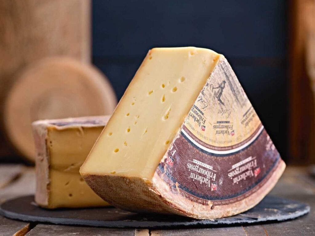Wedge of Swiss semi-soft cheese Vacherin Fribourgeois on slate board
