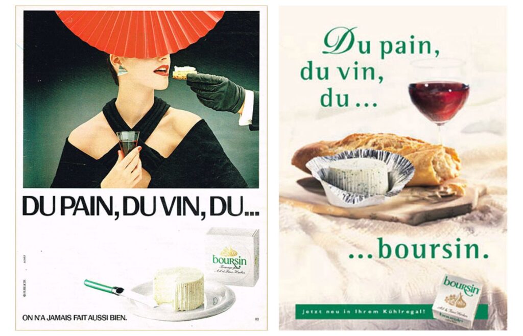 Vintage newspaper ads showing woman eating cream cheese on a piece of bread and holding a glass of red wine